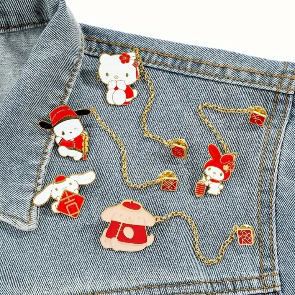 Sanrio 5pcs Hello Kitty Chain Brooch Cute Melody Pins, Metal Badge Jewelry